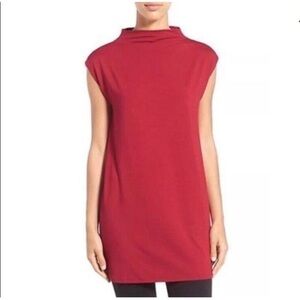 Eileen Fisher Viscose Stretch Jersey Funnel Neck Cap Sleeve Tunic Dress Red